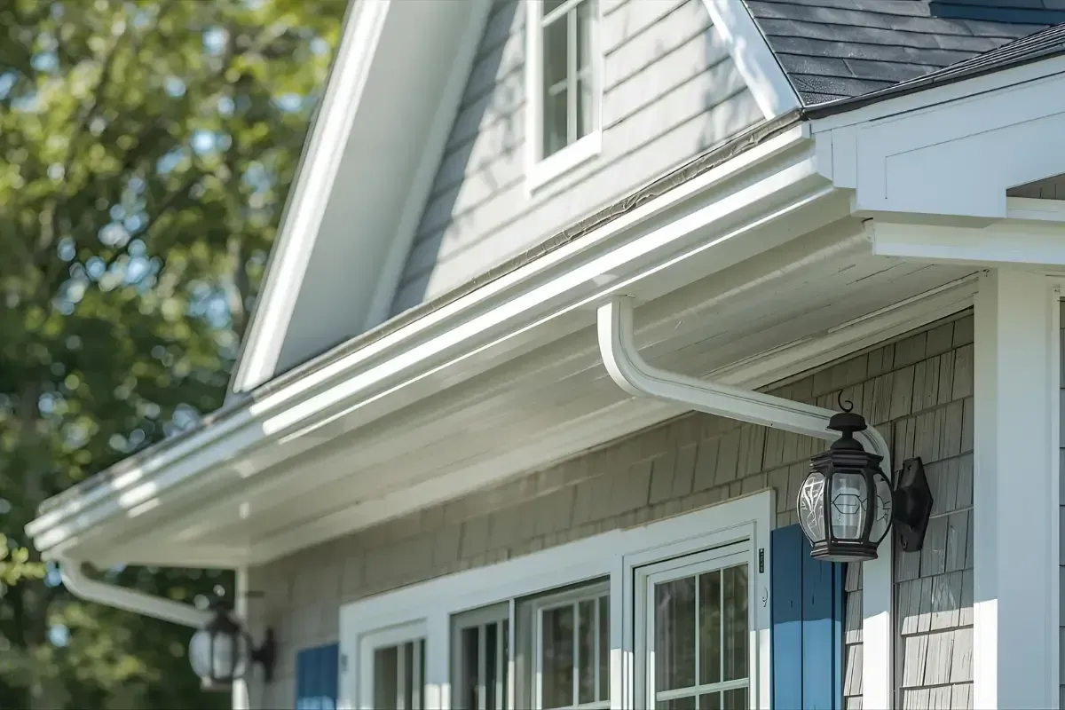 Seamless white gutters and matching downspouts framing a home with shake siding and blue accent shutters in St. Charles County.