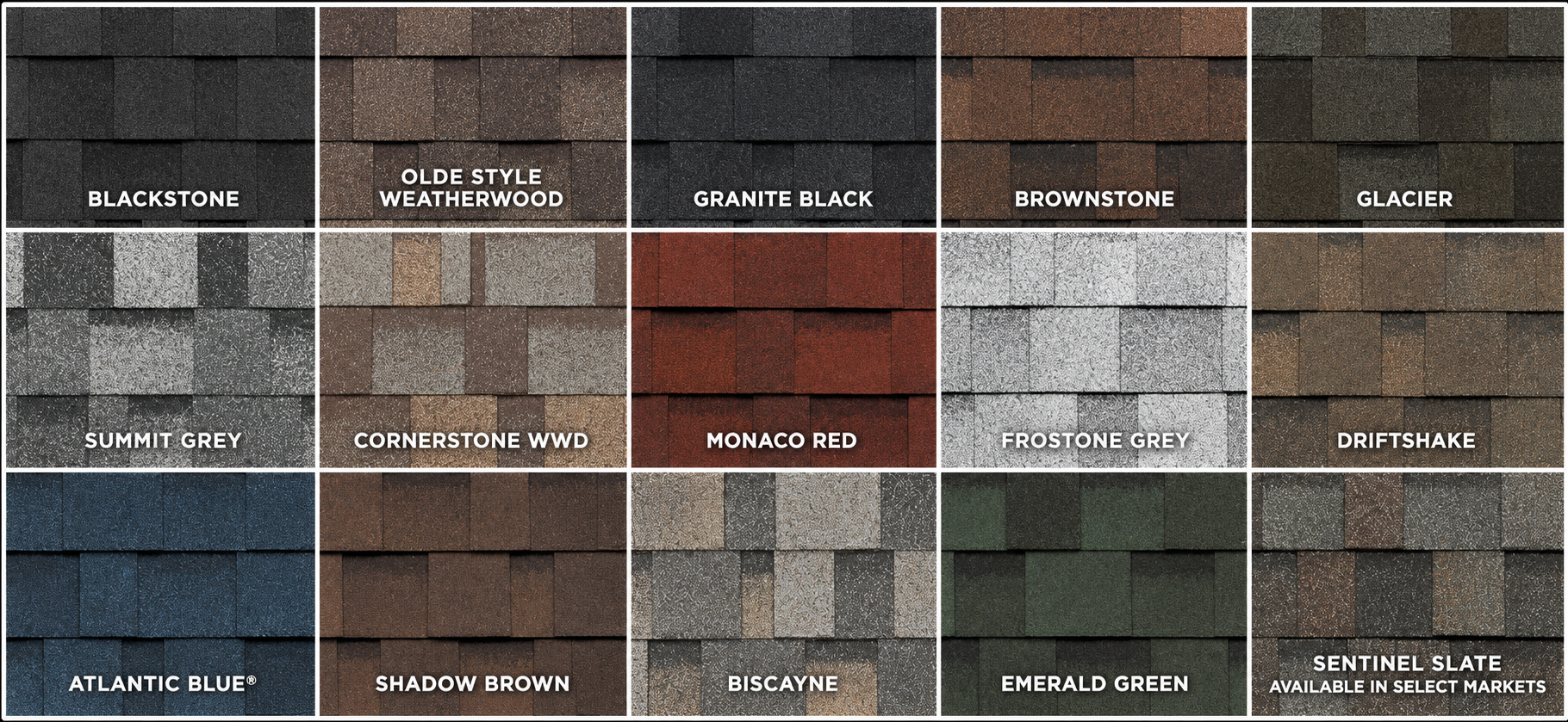 IKO Dynasty architectural shingle color chart featuring popular color swatches from Home Comfort Exteriors in St. Charles County.