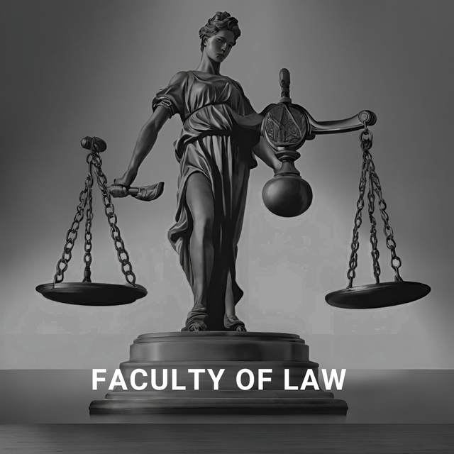 A statue of lady justice with the words faculty of law below it