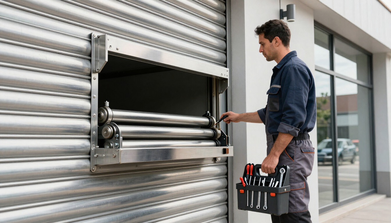 Técnico realizando mantenimiento preventivo a una cortina de acero comercial