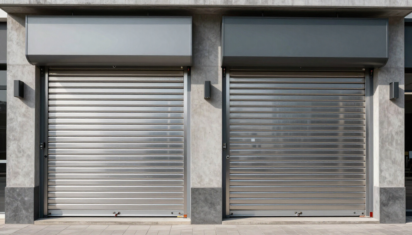 Comparativa visual entre cortina de acero manual y automatizada en un local comercial