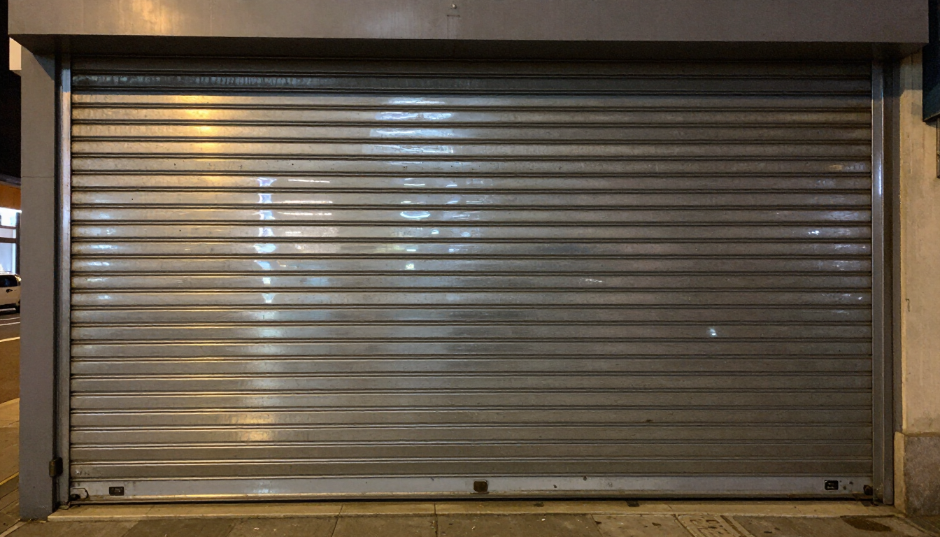 Cortina de acero cerrada protegiendo un local comercial durante la noche