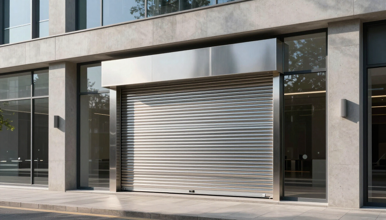 Fachada comercial moderna con cortina de acero de diseño limpio y profesional