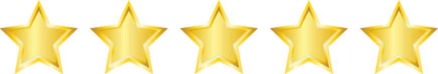Five gold stars in a row on a white background