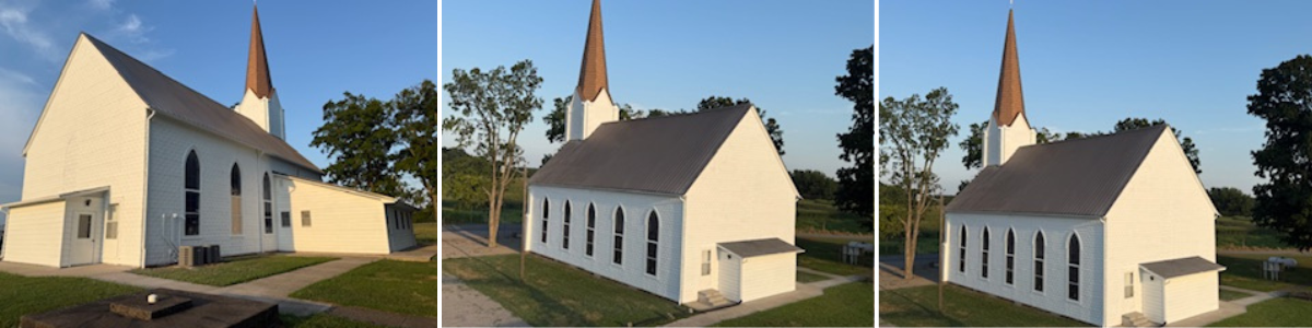 White church with steeple on a grassy lot under a blue sky, shown from three angles