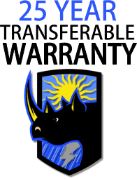 25-year transferable warranty text above blue shield logo with black buffalo silhouette