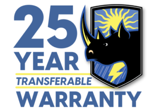 25-year transferable warranty logo with black rhino shield and yellow sunburst