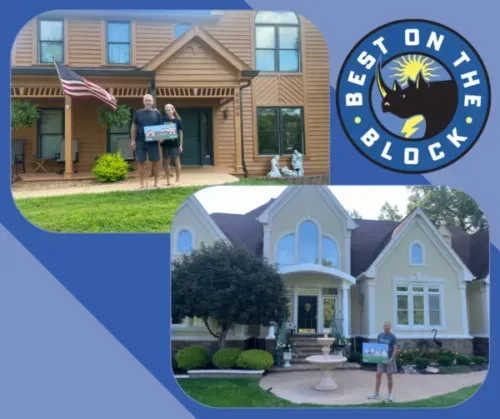 Two-home collage with “Best on the Block” badge; people standing in front of houses and landscaping.