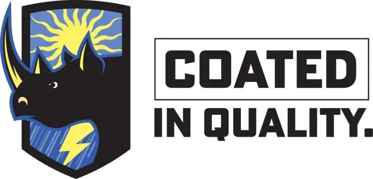 Blue-and-black shield logo with yellow highlights and the slogan “COATED IN QUALITY.”