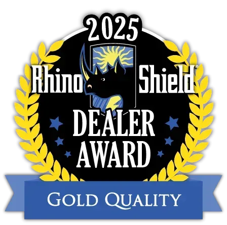 2025 Rhino Shield Dealer Award badge with gold laurel wreath and blue Gold Quality ribbon