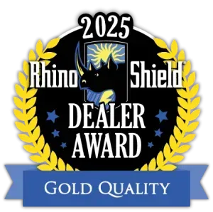 2025 Rhino Shield Dealer Award emblem with gold laurel wreath and blue “Gold Quality” ribbon
