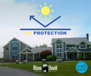 UV protection banner with sun and house roofs over suburban homes