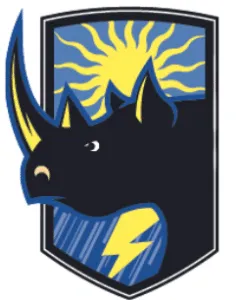 Stylized black rhino logo with yellow sunburst and lightning bolt on a blue shield background