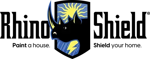 Rhino Shield logo with a black shield and rhino, blue and yellow accents, slogan “Point a house. Shield your home.”