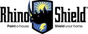 Rhino Shield logo with a black shield and rhino, blue and yellow accents, slogan &ldquo;Point a house. Shield your home.&rdquo;