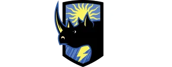 Blue-and-black shield logo with a stylized rhinoceros head and yellow sunburst accents