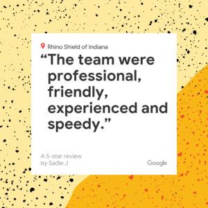 Google review card on yellow speckled background: “The team were professional, friendly, experienced and speedy.”