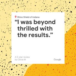 Google review card on a yellow speckled background: “I was beyond thrilled with the results.”