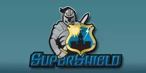 SuperShield logo with a silver knight holding a blue-and-gold shield on a teal background