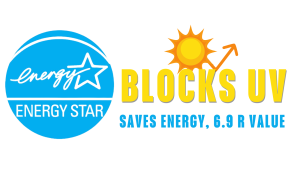 ENERGY STAR logo with sun and “BLOCKS UV” text, plus “Saves energy, 6.9 R value”