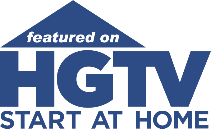 HGTV logo with blue house roof and the words “featured on” and “START AT HOME”