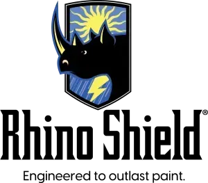 RhinoShield logo with rhino shield emblem and slogan “Engineered to outlast paint”