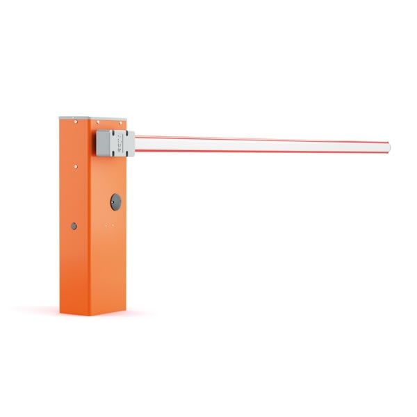 Barrera de estacionamiento de color naranja con brazo de rayas rojas y blancas levantado.