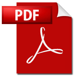 Ícono de documento PDF rojo con texto y logotipo en blanco.