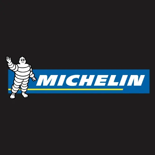 Michelin Man character next to Michelin logo in white on a blue and yellow rectangle against a black background.