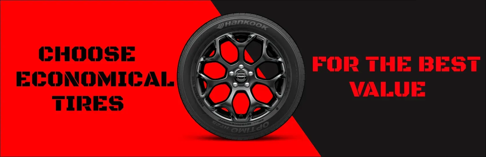 Ad for tires with a black wheel against red and black background,