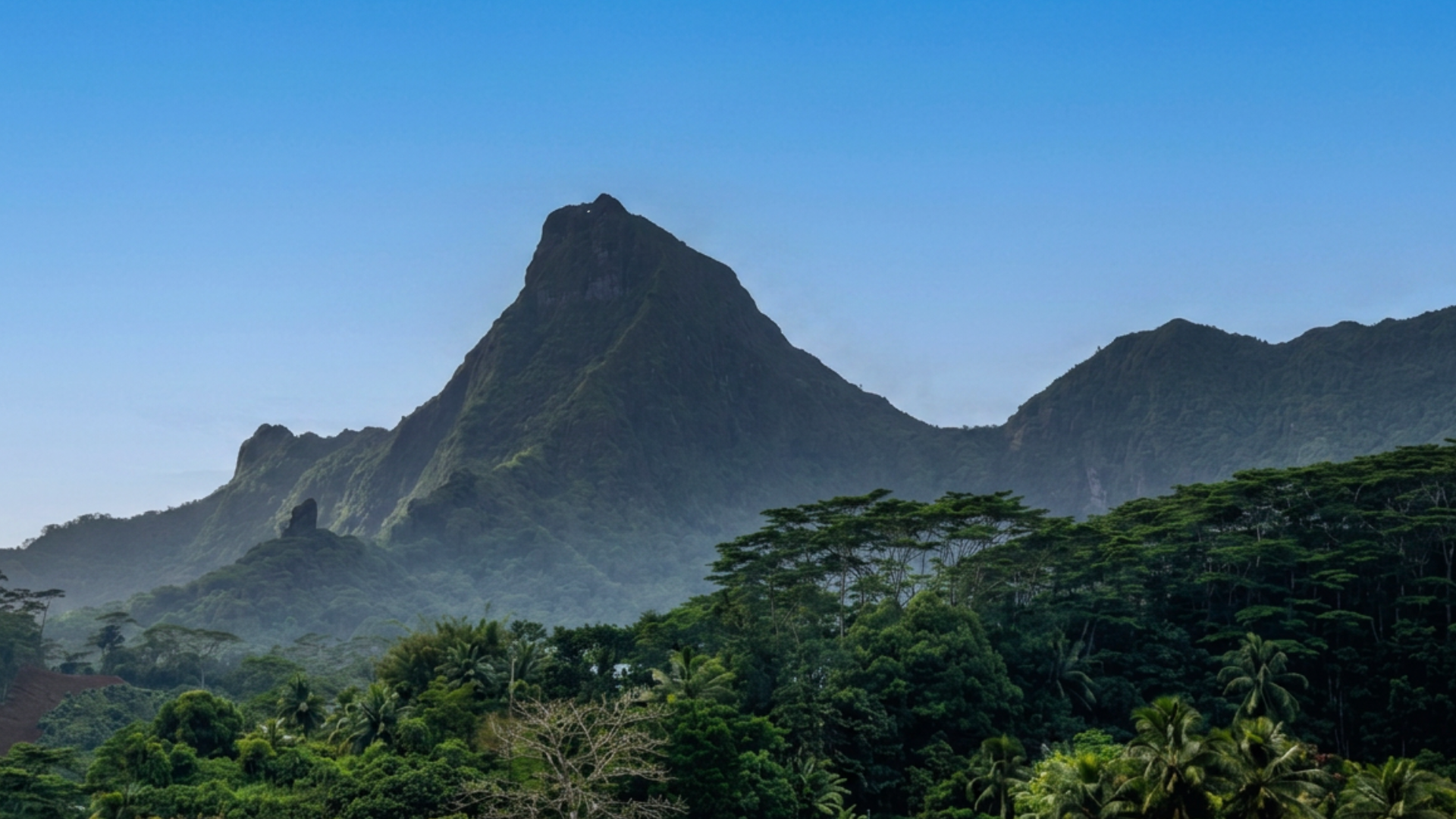 Lush green mountains under a clear blue sky, with a jagged peak in the center.