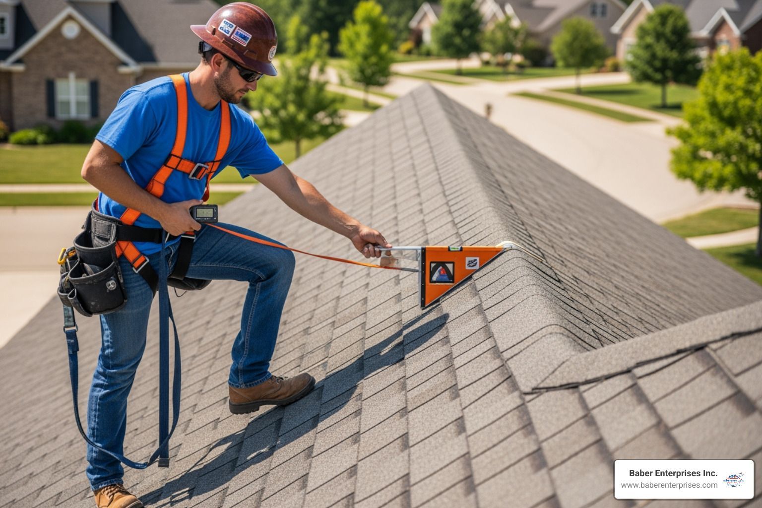 Worker in safety harness inspecting a shingled roof with a handheld tool.
