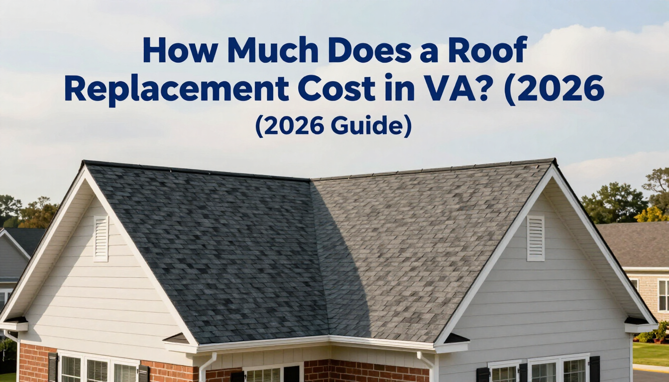House with dark gray roof and text: “How Much Does a Roof Replacement Cost in VA? (2026 Guide)”