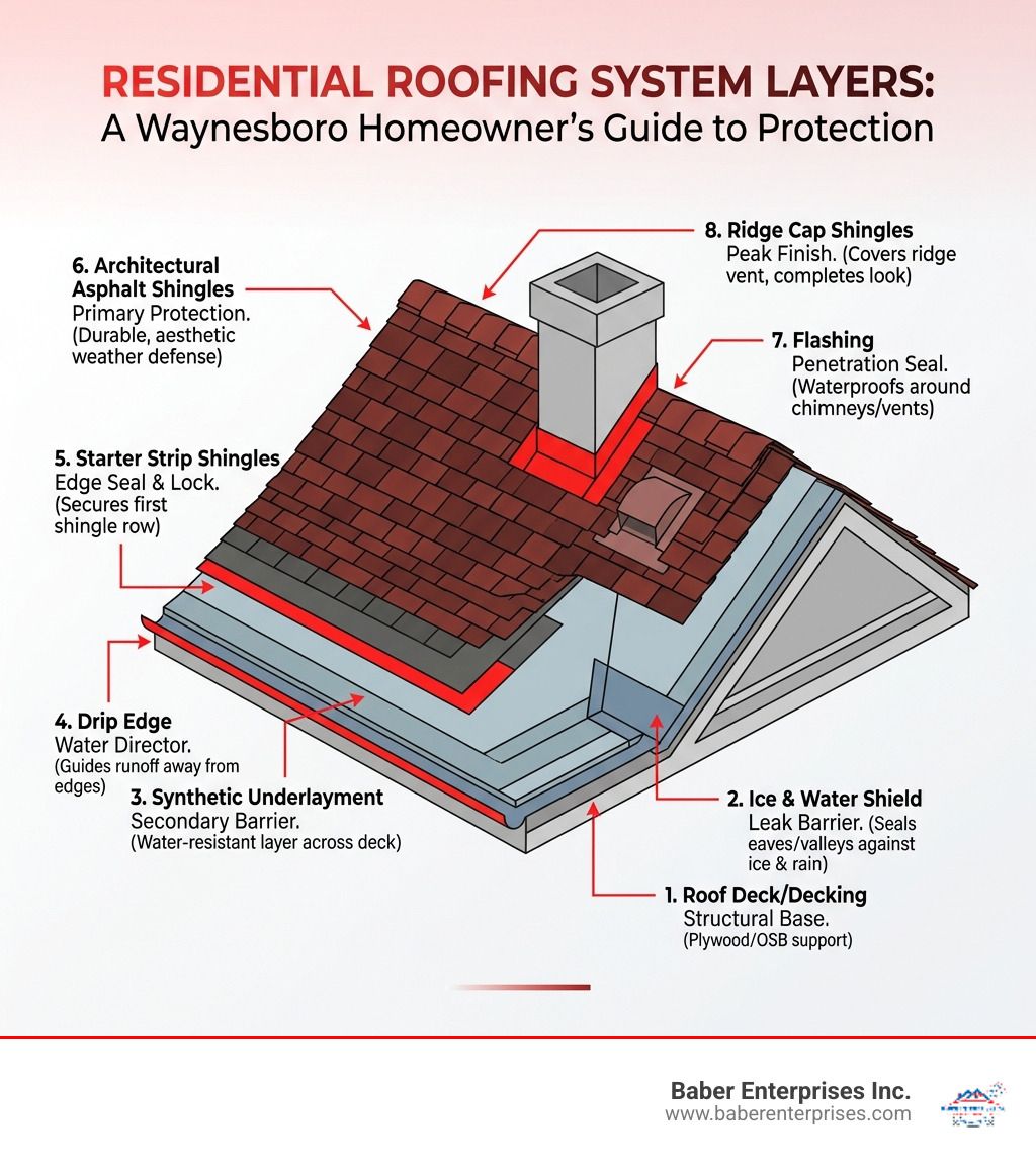 Diagram of residential roofing system layers with labeled cutaway roof components and chimney on a house