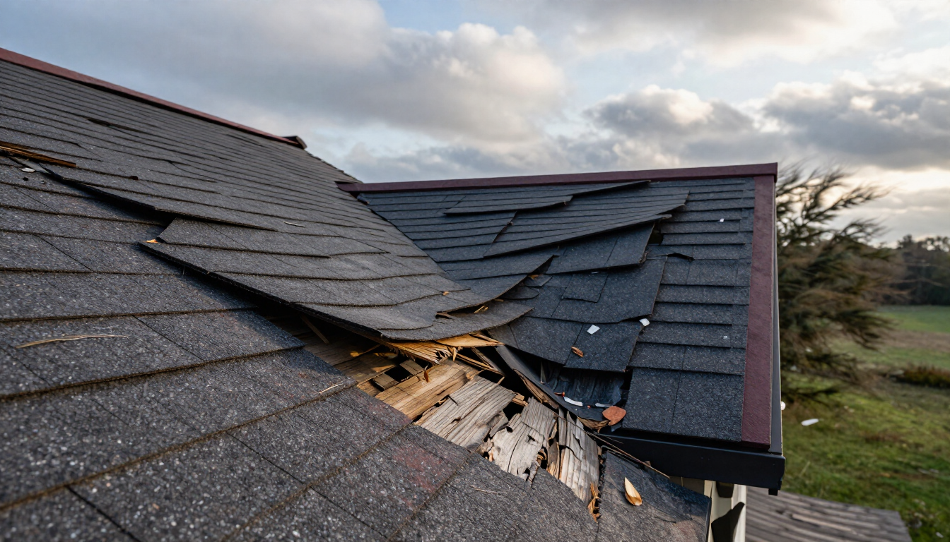 Damaged roof with a collapsed section and exposed plywood under dark shingles at sunset