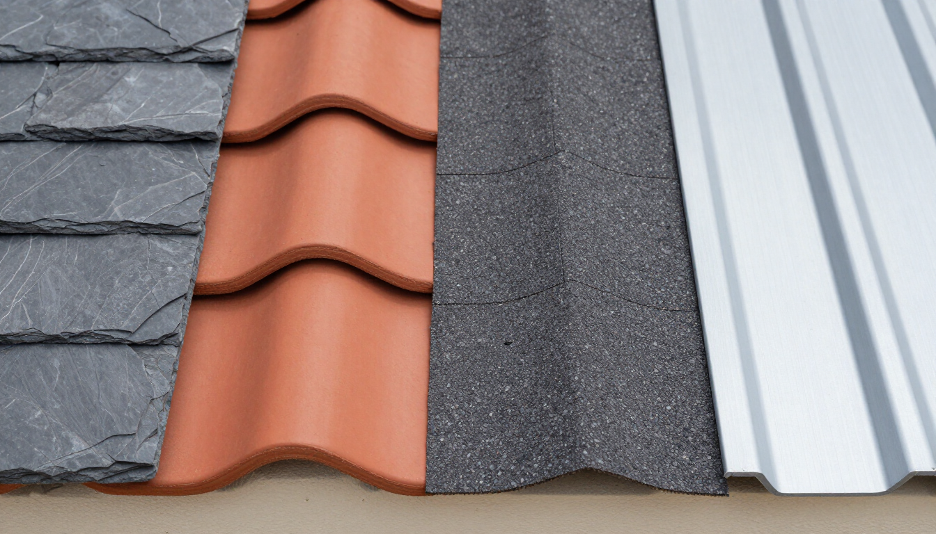 Close-up of three roof panels: gray slate, terracotta tiles, and white metal roofing.
