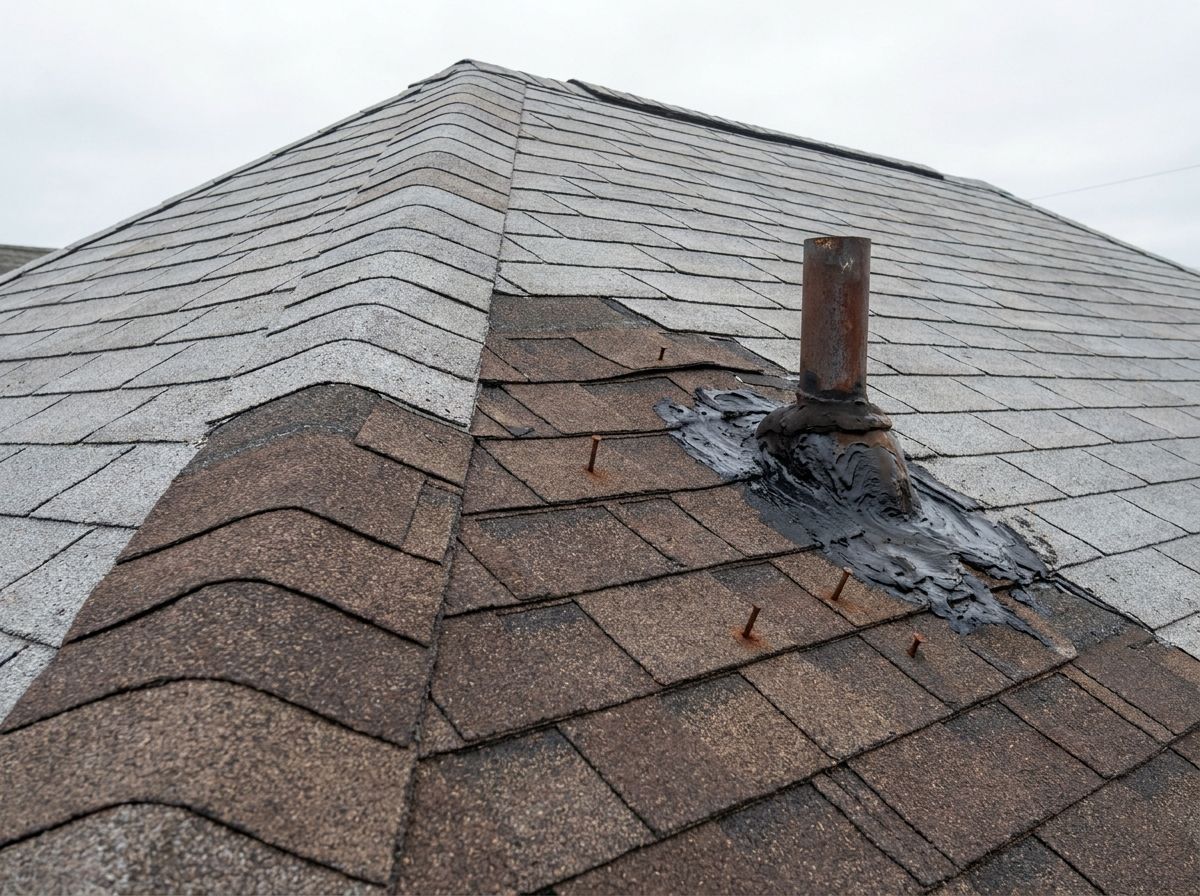 Substandard roofing work: smeared cement around a vent pipe and exposed rusting nails