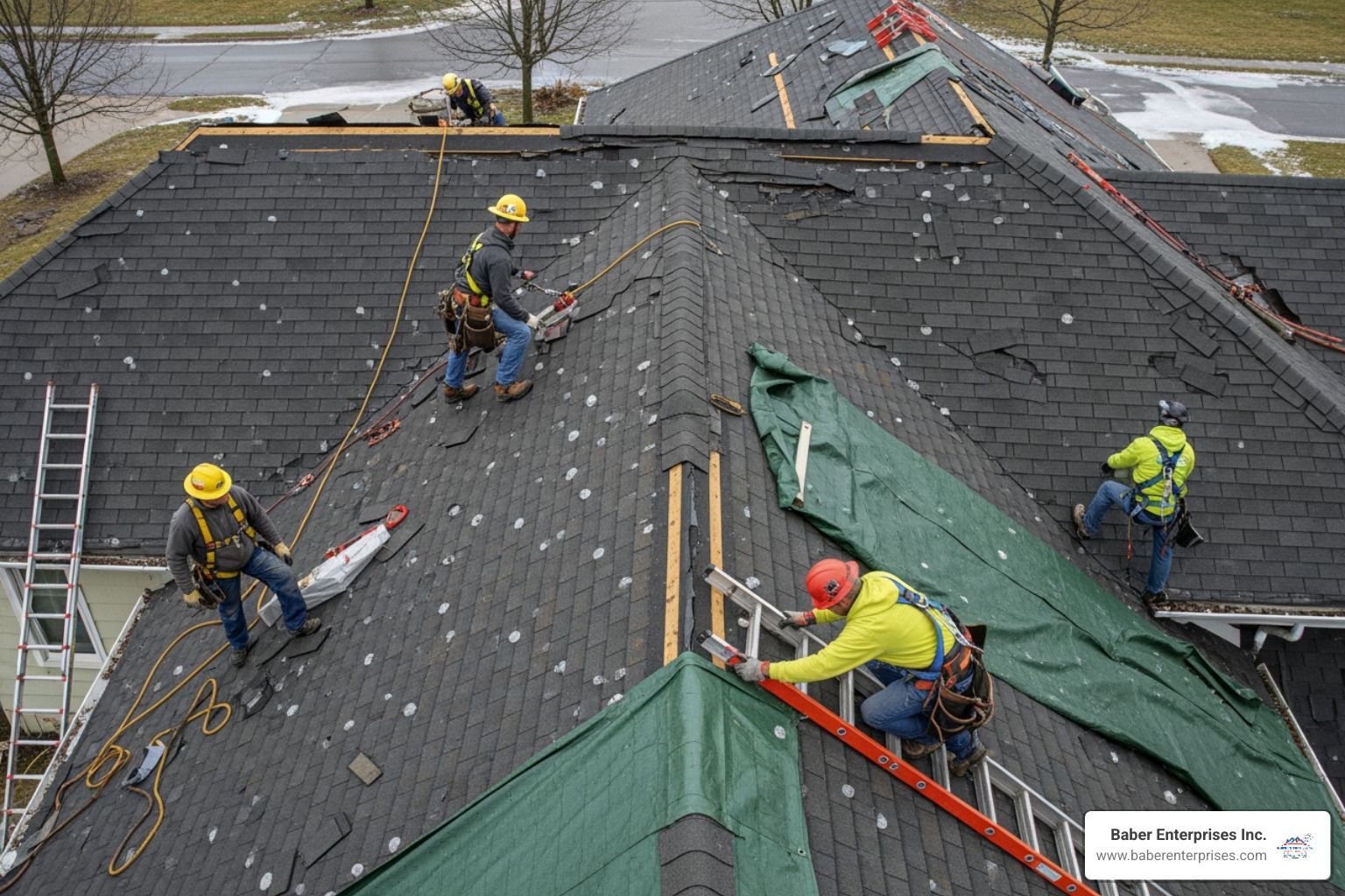 Roofers in hard hats working on a steep shingled roof with safety harnesses and tools