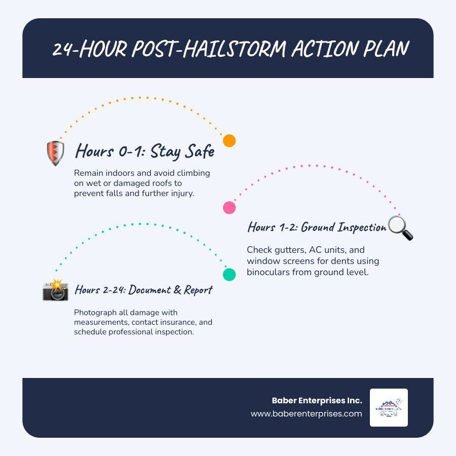 24-hour post-hailstorm action plan infographic with safety, damage, and drainage steps