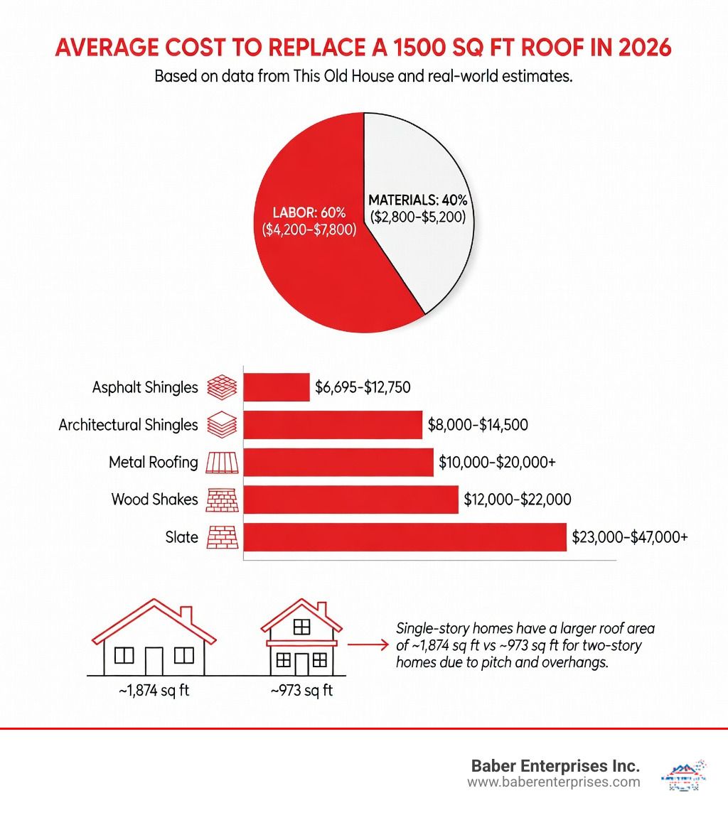 Infographic on 2026 roof replacement costs with red pie and bar charts comparing labor and material expenses.
