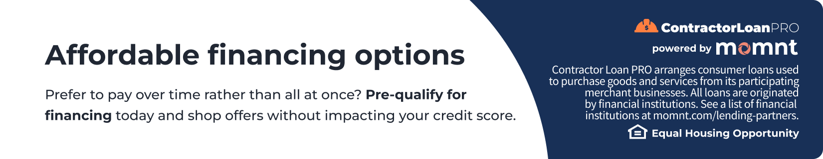 Blue banner advertising affordable financing options and flexible payment plans.
