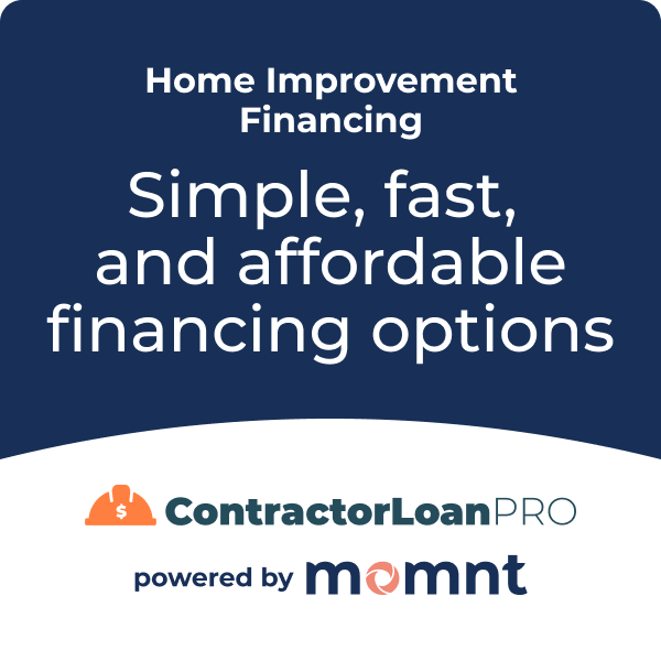 Home improvement financing ad with blue background and ContractorLoanPRO powered by momnt logo