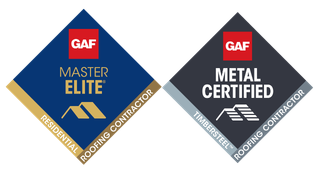Two GAF roofing contractor badges: Master Elite and Metal Certified, blue and gray diamond logos.