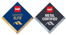 Two GAF roofing contractor badges: Master Elite and Metal Certified, blue and gray diamond logos.