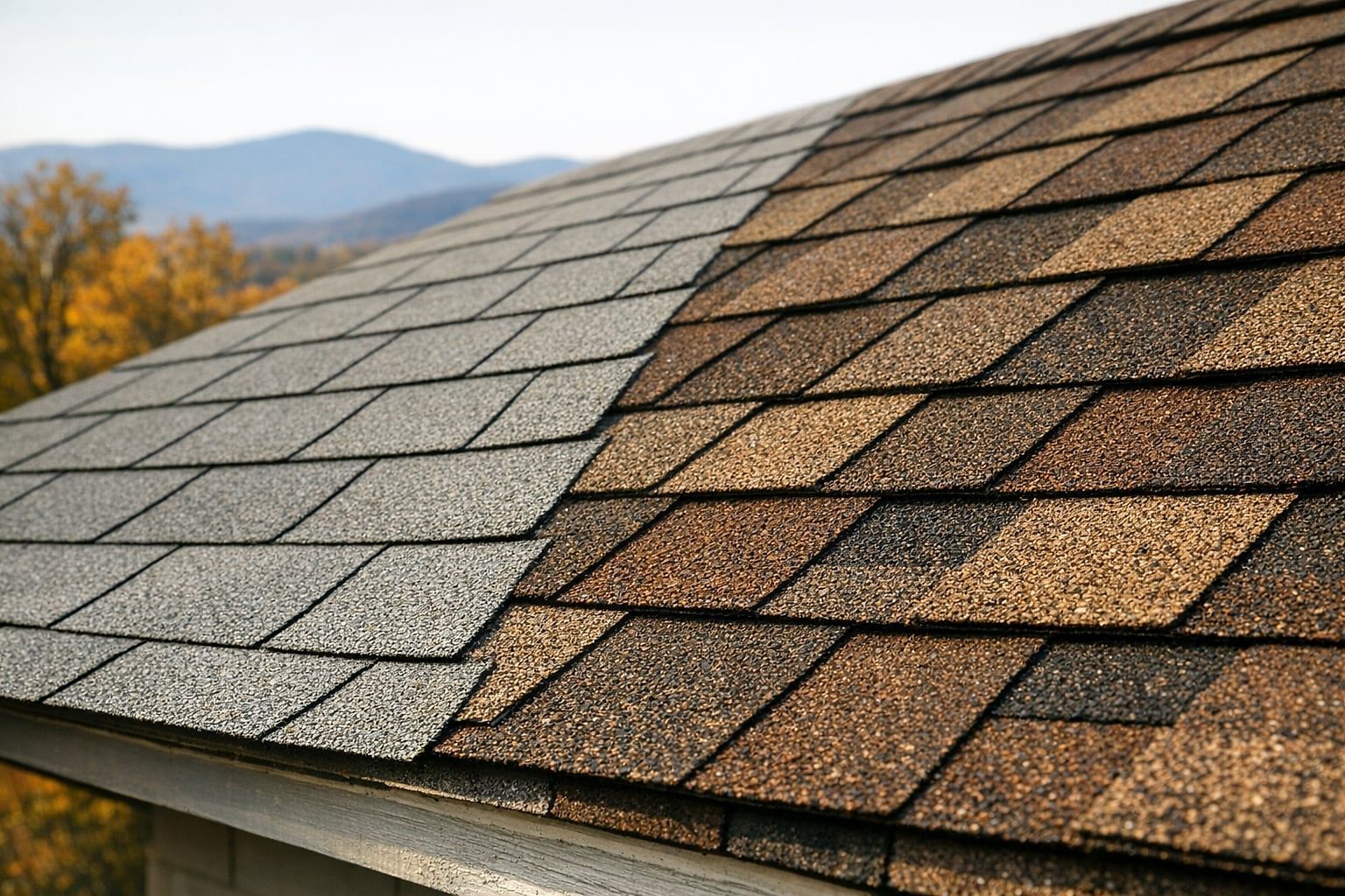 Virginia roof slope with flat gray 3 tab shingles on the left beside multi tone brown architectural shingles on the right