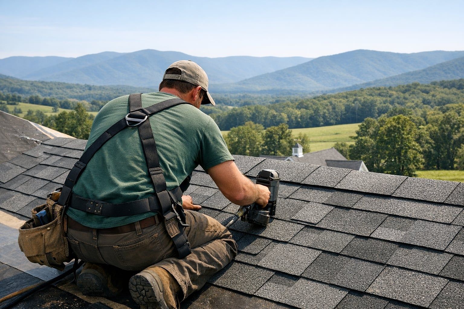 Roofer nailing architectural shingles on a Shenandoah Valley home with mountains behind