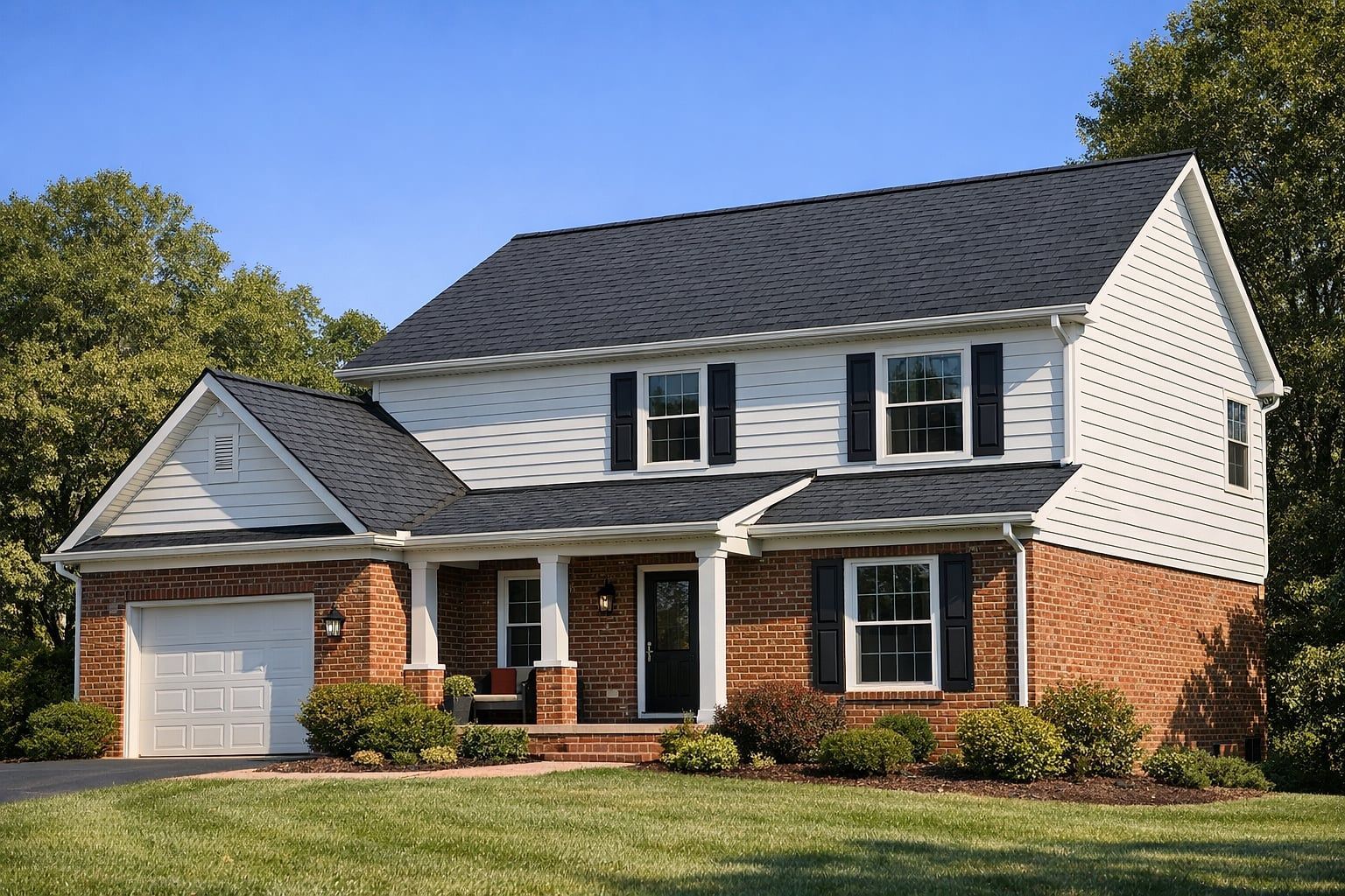 Brick and white siding home with a new charcoal architectural shingle roof on a clear day