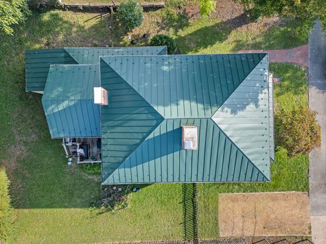 Overhead view of a green standing seam roof in Staunton, VA