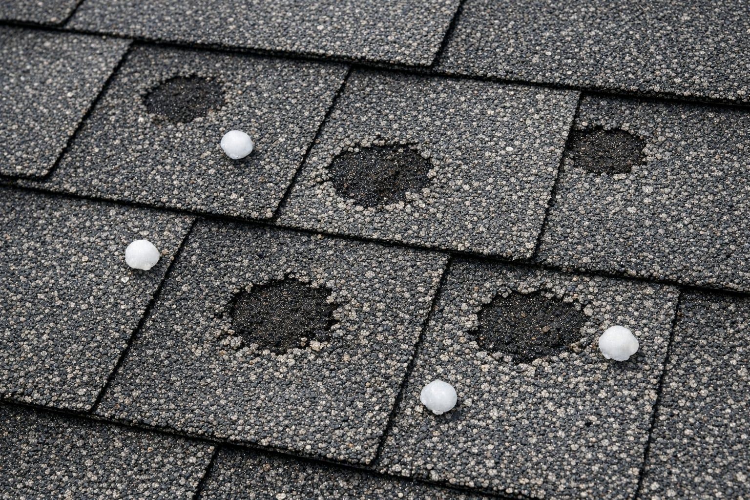 Close up of gray 3-tab asphalt shingles with round hail bruises, granule loss and small hailstones