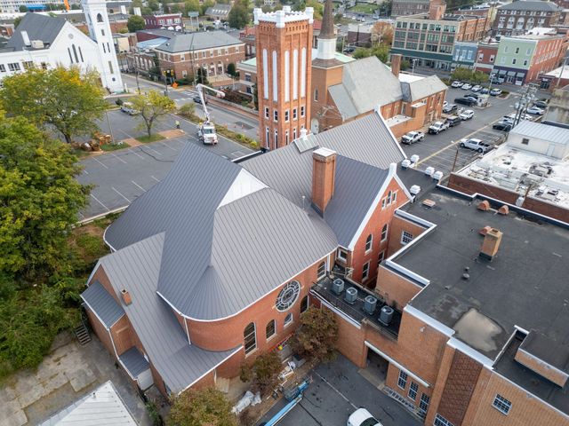 After: aerial view of the new metal roof on the downtown Staunton church